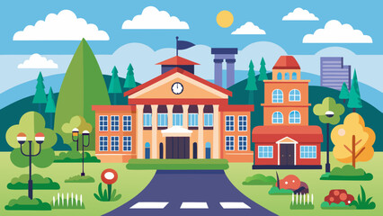 Vector art of a cheerful illustration of a school building in a vibrant city setting, surrounded by lush greenery and modern highrises under a bright sunny sky