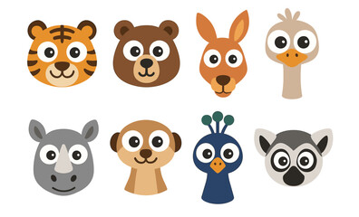 Obraz premium Cute cartoon animal faces collection: tiger, bear, kangaroo, ostrich, rhino, meerkat, peacock, lemur