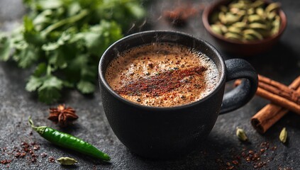 Aromatic spiced coffee drink in dark mug, surrounded by spices