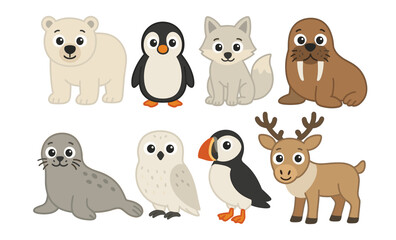 Obraz premium Cute arctic and antarctic animals: polar bear, penguin, fox, walrus, seal, owl, puffin, reindeer