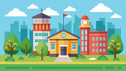 Vector art of a sunny day scene illustrated with a school building and various other buildings, surrounded by trees and a park in a modern city setting