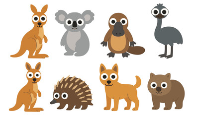 Fototapeta premium Cute cartoon australian animals: kangaroo, koala, platypus, emu, echidna, quokka icons