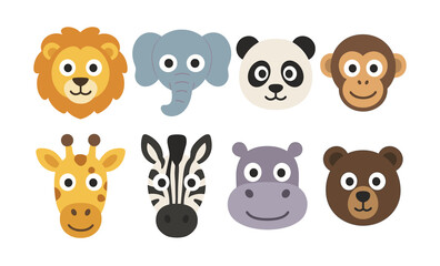 Fototapeta premium Cute animal faces collection: lion, elephant, panda, monkey, giraffe, zebra, hippo, bear