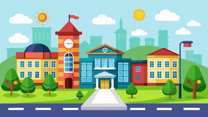 Vector art of a colorful illustration depicts a row of school buildings in a lively cityscape, surrounded by lush greenery and a sunny sky