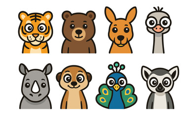 Fototapeta premium Adorable cartoon animal faces: tiger, bear, kangaroo, ostrich, rhino, meerkat, peacock, lemur