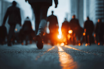 People Walking on City Street with Sunset Light and Urban Backdrop, motion blur Business concept, motion bokeh background