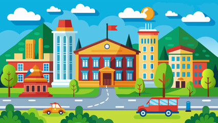Vector art of an illustration showing a school building in a city setting, with cars and a bus on the road, surrounded by trees and a park under a bright sunny sky