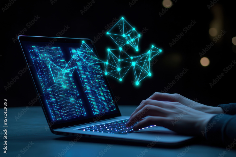 Poster a person typing on a laptop, with digital data visualization overlay in a dark setting.