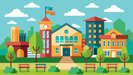 Vector art of a cheerful illustration of a school campus on a sunny day, featuring colorful buildings, lush green trees, and inviting park benches