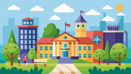 Vector art of students relax on campus in front of a grand school building on a bright sunny day, surrounded by trees and a parklike setting