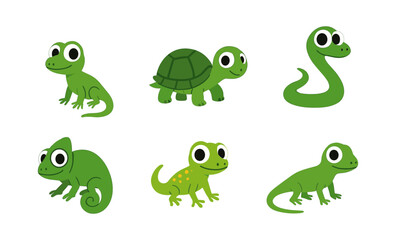 Fototapeta premium Cute and colorful cartoon reptiles: crocodile, iguana, chameleon, turtle, snake, gecko art