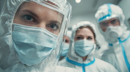 Healthcare workers wearing protective equipment in a hospital setting.