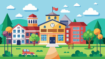 Vector art of a picturesque illustration of a school campus with various buildings, a car parked nearby, and a peaceful park setting on a sunny day