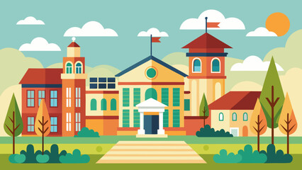 Vector art of a charming autumn scene unfolds on a college campus, where a variety of colorful buildings are nestled amongst lush trees and a mountain backdrop