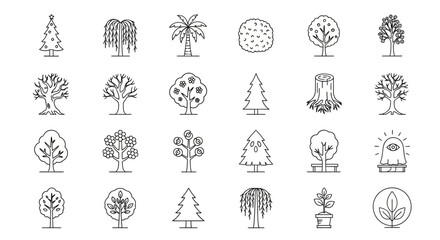 Tree Species and Forest Plants Line Icon Set