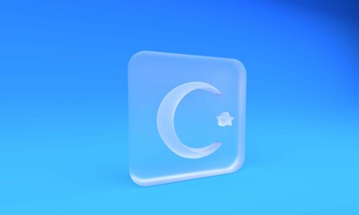 Frosted glass Star and crescent - symbol of Islam icon isolated on blue background. Religion...