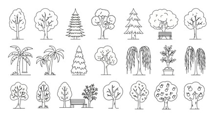 Tree Species and Forest Plants Line Icon Set