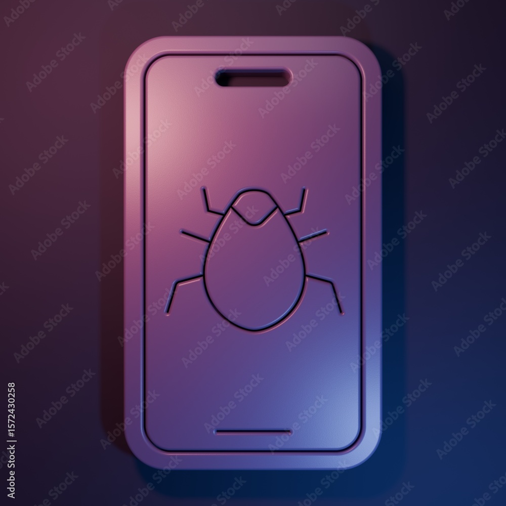 Poster purple system bug on mobile icon isolated on purple-blue background. code bug concept. bug in the sy