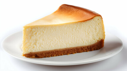 A thick slice of classic baked cheesecake with a golden top and crumbly crust, served on a white plate and isolated on white background for a clean, appetizing presentation.