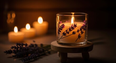 The soft glow of lavender candles creates a relaxing and aromatic ambiance