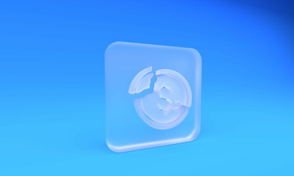 Frosted glass Dollar rate decrease icon isolated on blue background. Cost reduction. Money symbol with down arrow. Business lost crisis decrease. Square frosted glass button. 3D render illustration