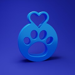 Blue Heart with animals footprint icon isolated on blue background. Pet paw in heart. Love to the animals. Minimalism concept. 3D render illustration