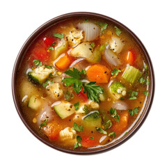Vegetable Soup in Brown Bowl Overhead View on Transparent Background