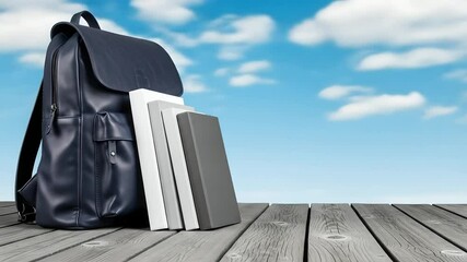 Backpack and books resting on wooden planks against blue sky with time-lapse clouds. Represents education, school, learning, studying, academic success, and new beginnings.