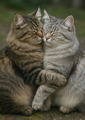 Affectionate cats cuddling together.
