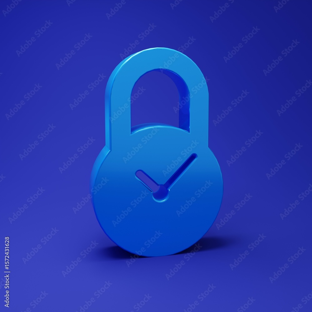 Poster blue padlock with clock icon isolated on blue background. time control concept. lock and countdown, 