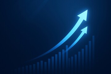 Abstract blue upward trending arrows and bar chart symbolizing financial growth and success