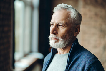 Senior man contemplating by the window: close up portrait