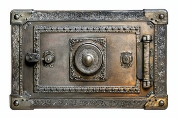 A metal box with a brown handle sits on a white background. Metal bank safe vault isolated white background.