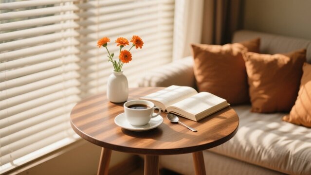 In a cozy indoor corner, a round table has coffee, a book, and a vase with small orange flowers. Sunlight falls, creating a relaxed and pleasant atmosphere.
