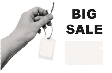 Big sales advertising. A woman's hand holds a price tag. You can write your own discount price. Coupon, store badge with a new loyalty program, bonus announcement. Contemporary art, halftone vector.