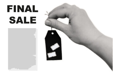 Final sales advertising. A woman's hand holds a price tag. You can write your own discount price. Coupon, store badge with a new loyalty program, bonus announcement. Contemporary art, halftone vector.
