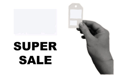 Super sales advertising. A woman's hand holds a price tag. You can write your own discount price. Coupon, store badge with a new loyalty program, bonus announcement. Contemporary art, halftone vector.