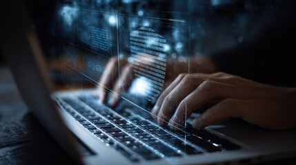 Advanced Technology A closeup of hands typing on a laptop with a digital overlay of security shields and code illustrating the rigorous efforts to protect supply chain infrastructure