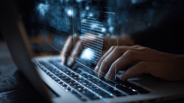 Advanced Technology A closeup of hands typing on a laptop with a digital overlay of security shields and code illustrating the rigorous efforts to protect supply chain infrastructure