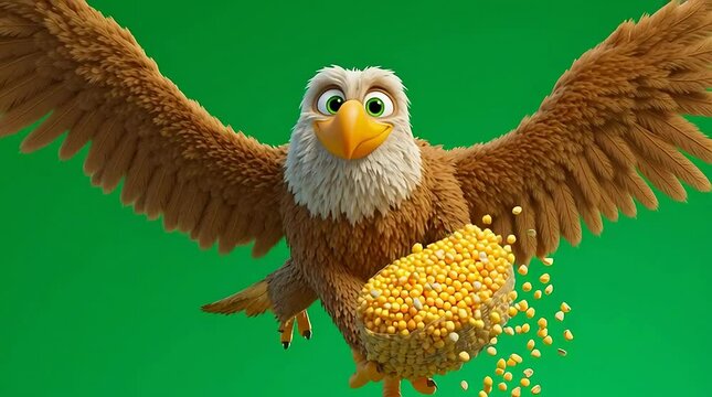 Fluffy Eagle Carrying Popcorn Against Green Screen