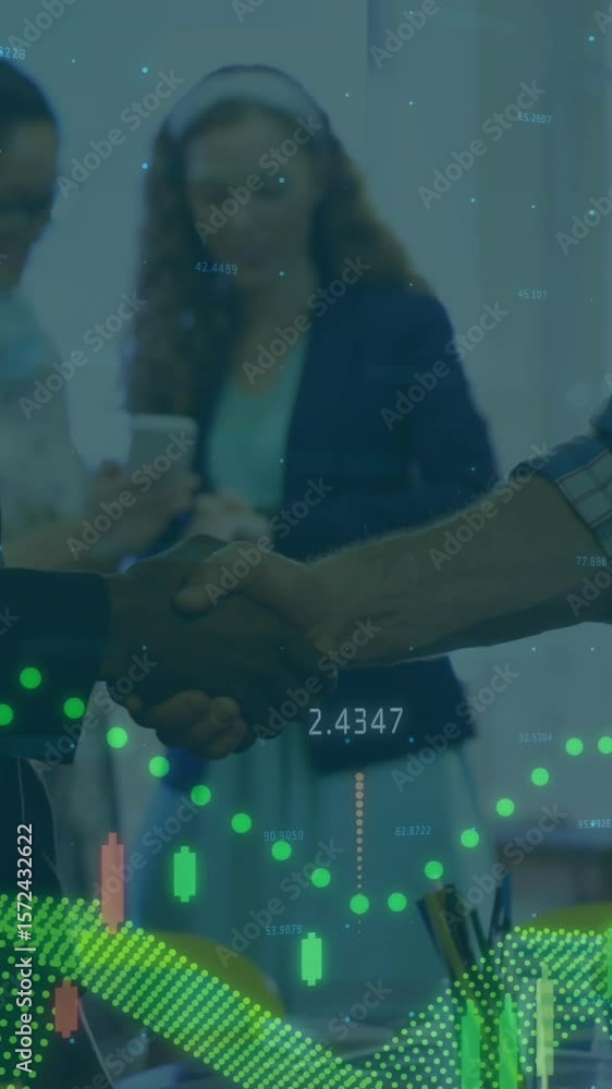 Poster animation of graphs with changing numbers over diverse coworkers shaking hands in office