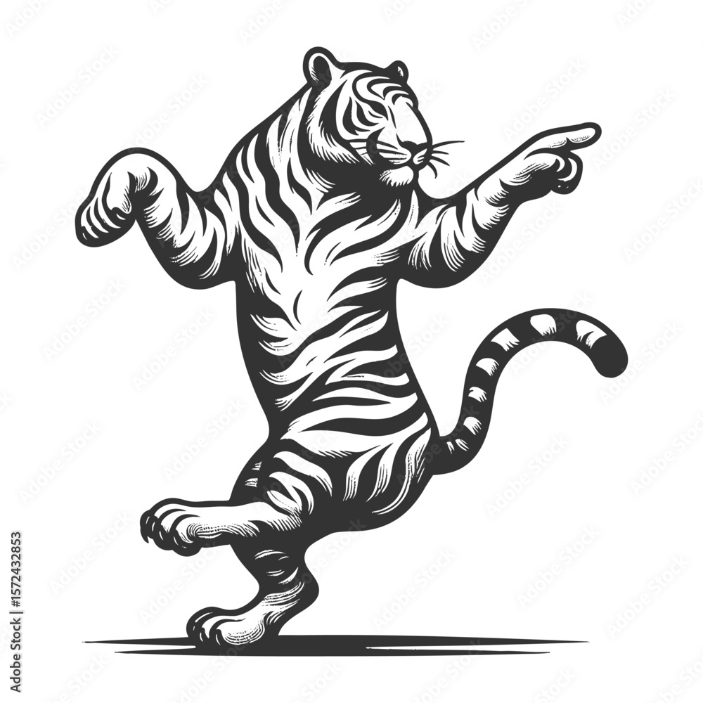 Poster dancing tiger sketch engraving generative ai fictional character vector illustration. scratch board 
