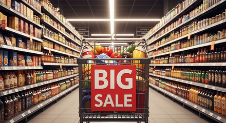 Shopping cart filled with groceries in a supermarket aisle, displaying a "BIG SALE" sign, showcasing retail and promotional concepts