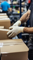 Worker wearing protective gloves packaging components after assembly