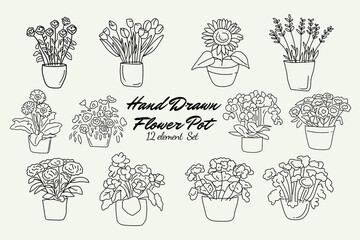 Set Flower Pot Hand Drawn. Vector Illustration