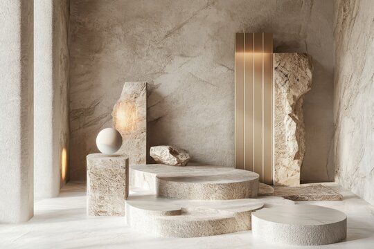 A minimalist room with a white wall and a few pieces of furniture. Minimalist podium display with geometric shapes in neutral tones.