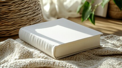 White book on beige knit, sunlight