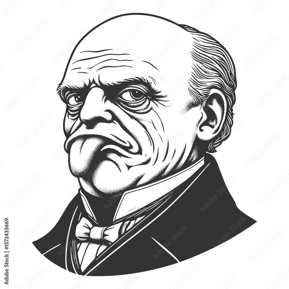 Poster stern bald man sticking out his tongue with a wrinkled, exaggeratedly grumpy expression sketch engra