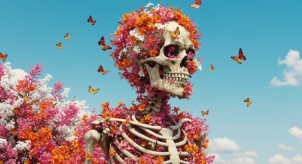 Surreal Blossoming Human Skull with Butterflies Artistic Floral Arrangement Image