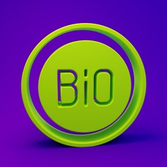 Green Banner, label, tag, logo for bio green healthy food icon isolated on purple-blue background. Organic product. Healthy food sticker. Minimalism concept. 3D render illustration